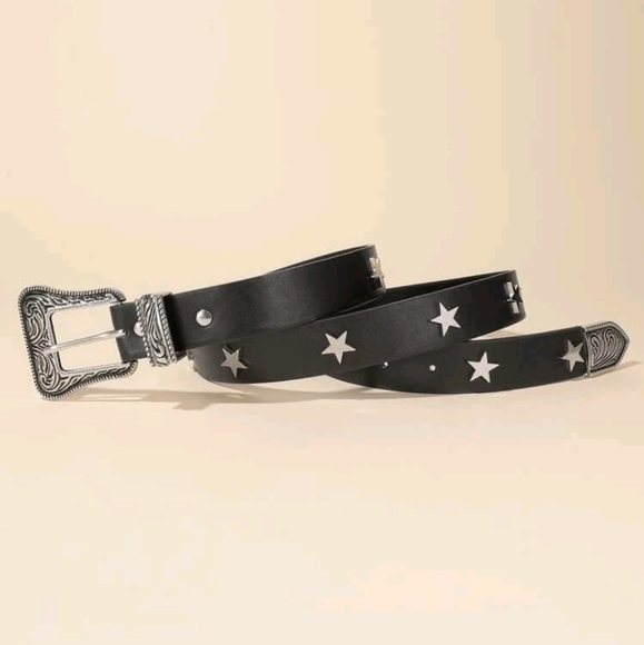 Western boho silver buckle black faux leather star studs waist belt - Picture 8 of 14